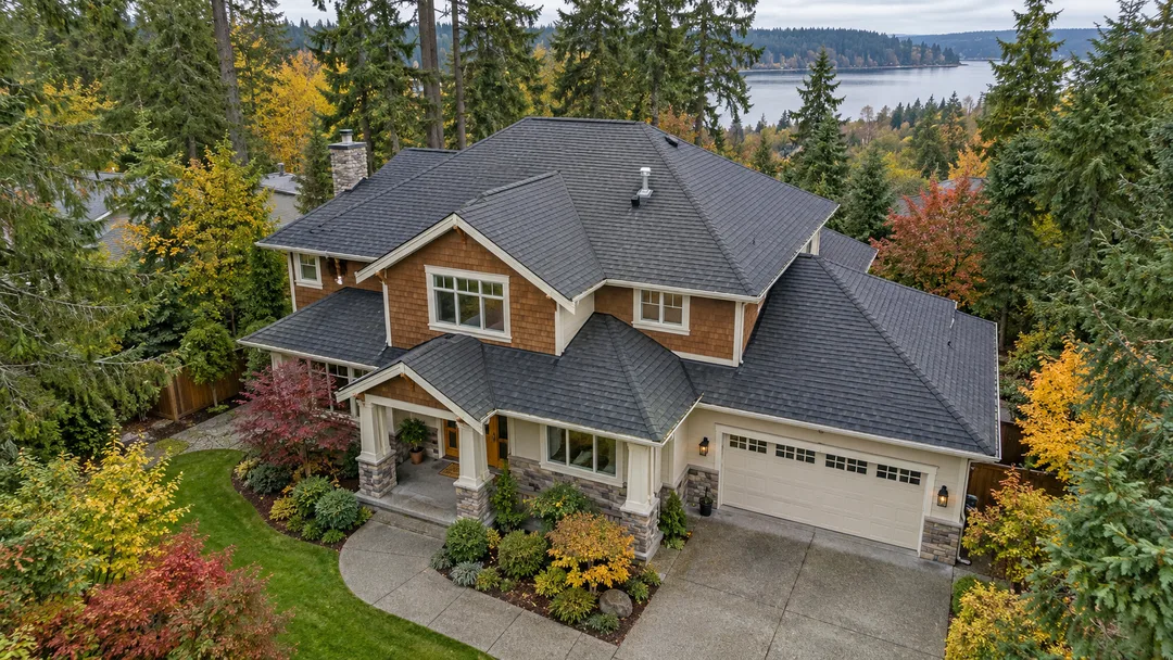 Wide aerial view of a cedar-and-cream Pacific Northwest craftsman home showing the complete shingle roof, intersecting gables, gutters and wooded garden.