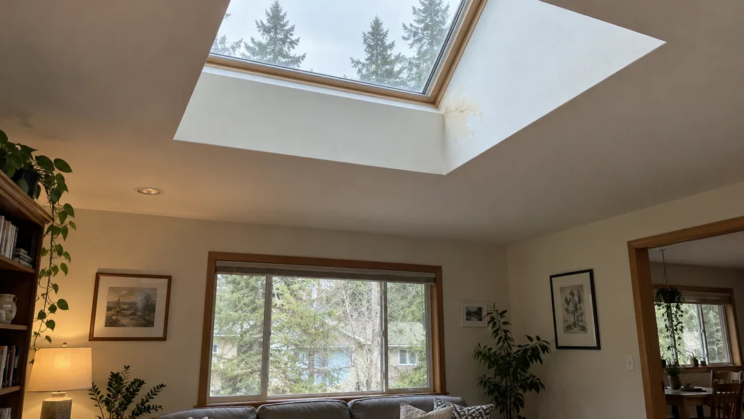 Interior skylight shaft with a small dry water stain and peeling paint at one corner, in an otherwise ordinary lived-in room.