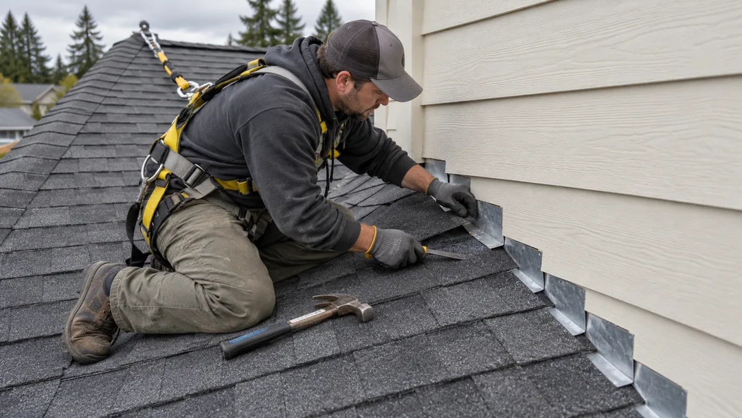 Gloved roofer repairing step flashing where shingles meet a wall, with layered metal flashing, hand tools and a secured roof harness visible.
